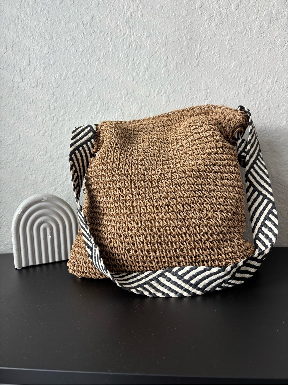Woven Straw Shoulder Bag with Striped Strap - Brown